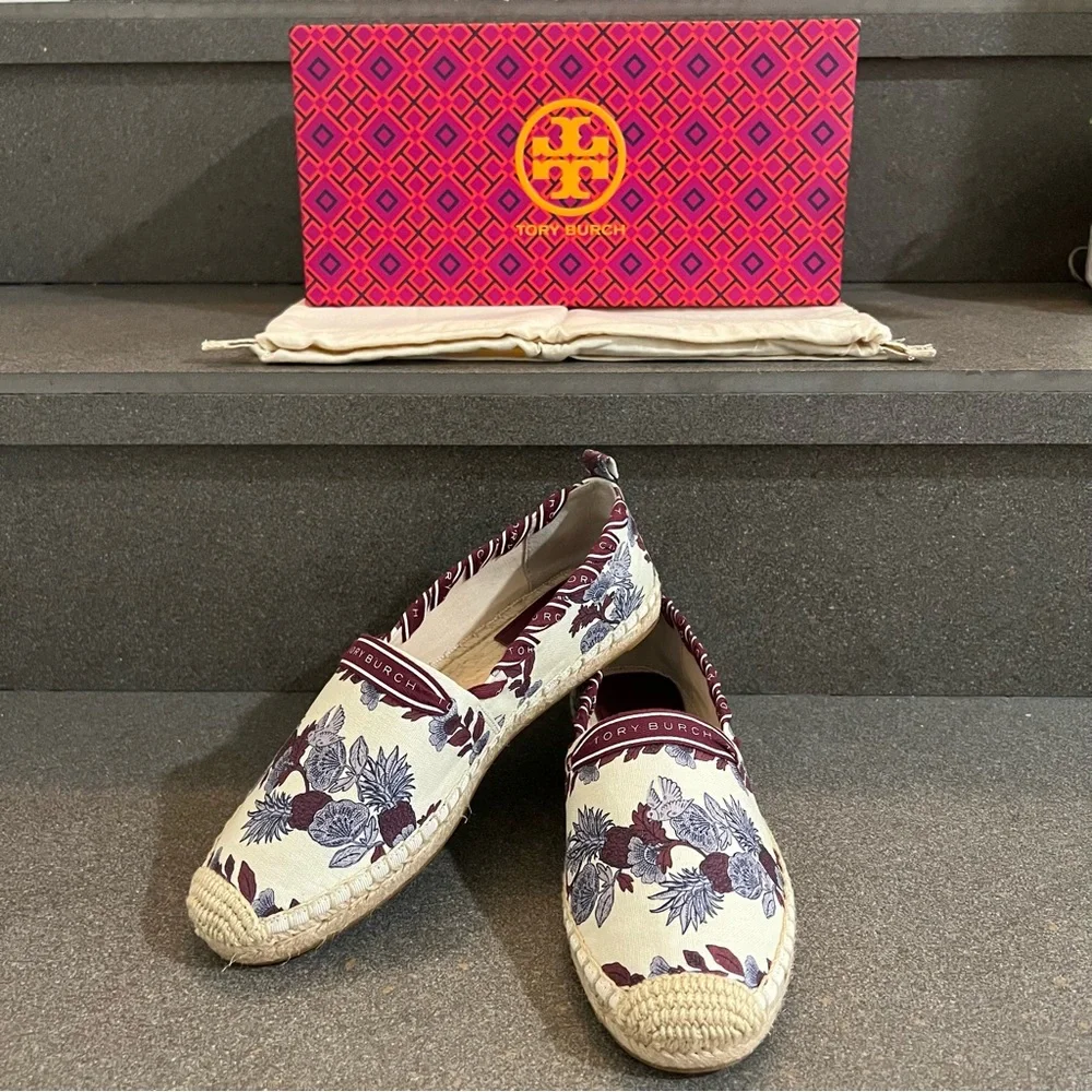 TORY BURCH Grosgrain Whipstitch Floral Imperial Garnet Espadrilles Flat,Sz 7,NIB